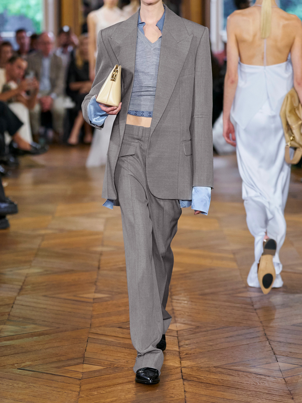 Victoria Beckham Checked Wool Wide-leg Pants In Gray