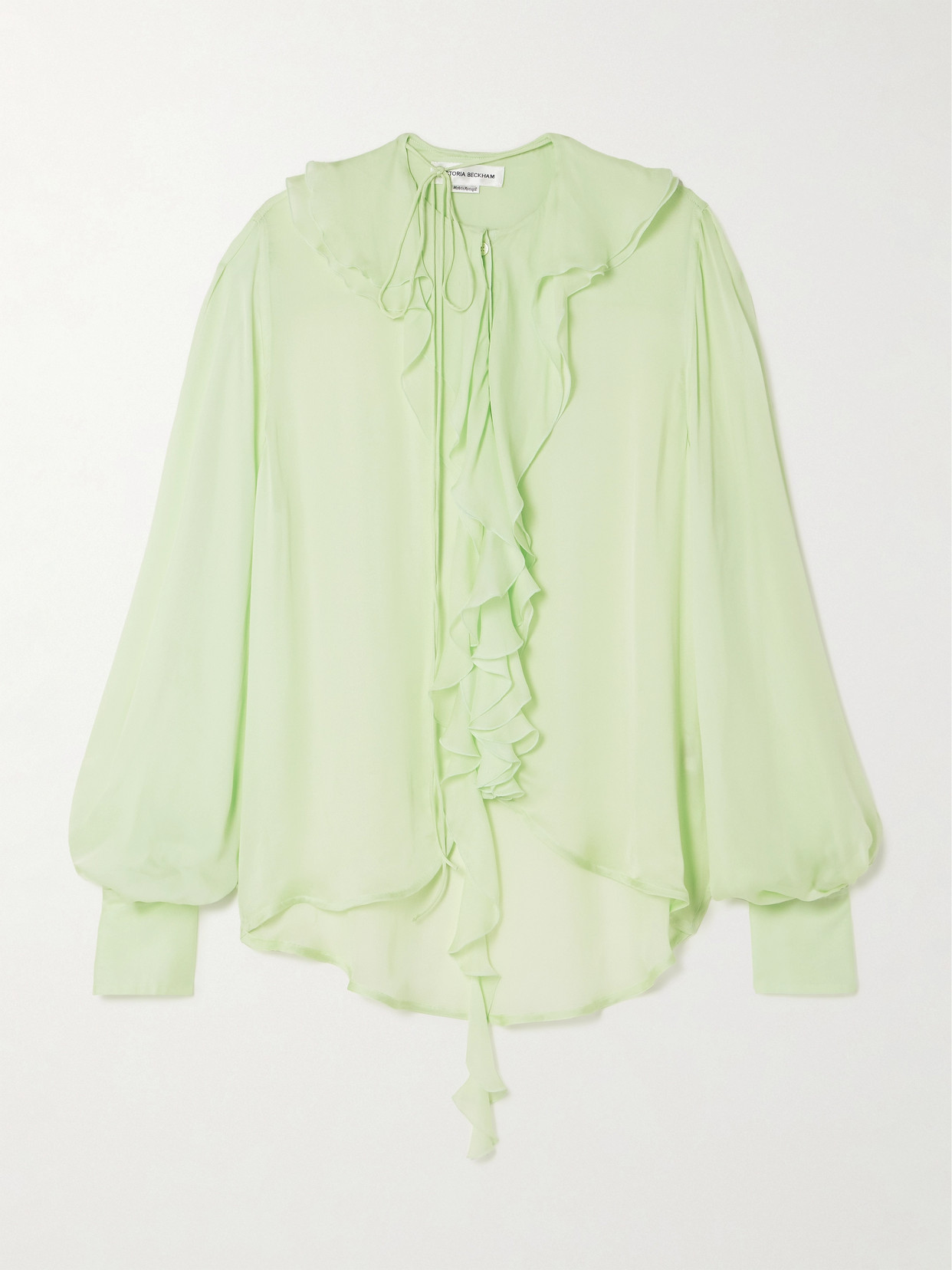 Victoria Beckham Romantic Tie-detailed Ruffled Crepe De Chine Blouse In Green