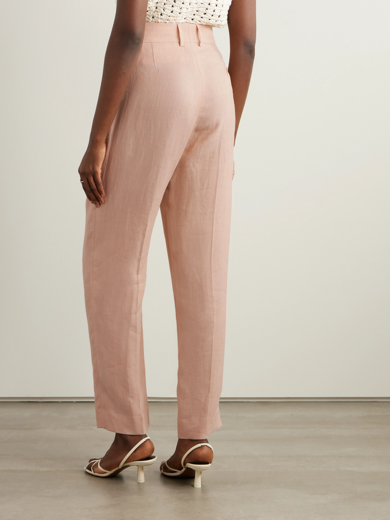 Blazé Milano Flica Fox Pleated Silk And Linen-blend Straight-leg Pants In Pink