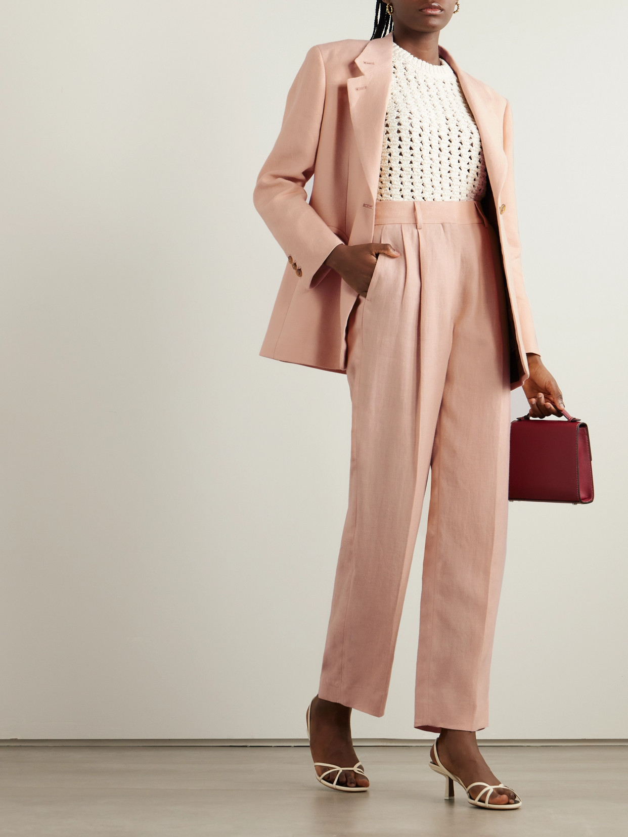 Blazé Milano Flica Fox Pleated Silk And Linen-blend Straight-leg Pants In Pink