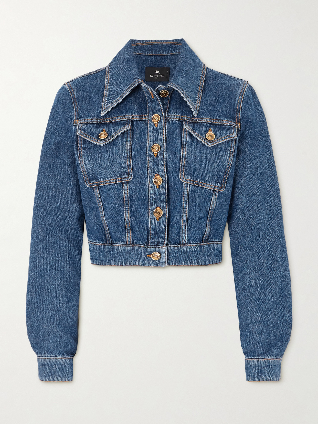 Etro Cropped Embroidered Denim Jacket In Blue