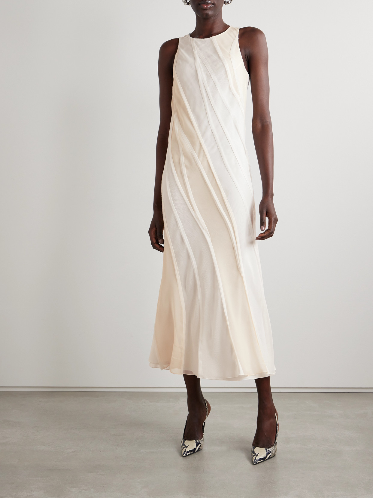 Shop Jason Wu Collection Paneled Silk-crepe And Chiffon Midi Dress In Off-white