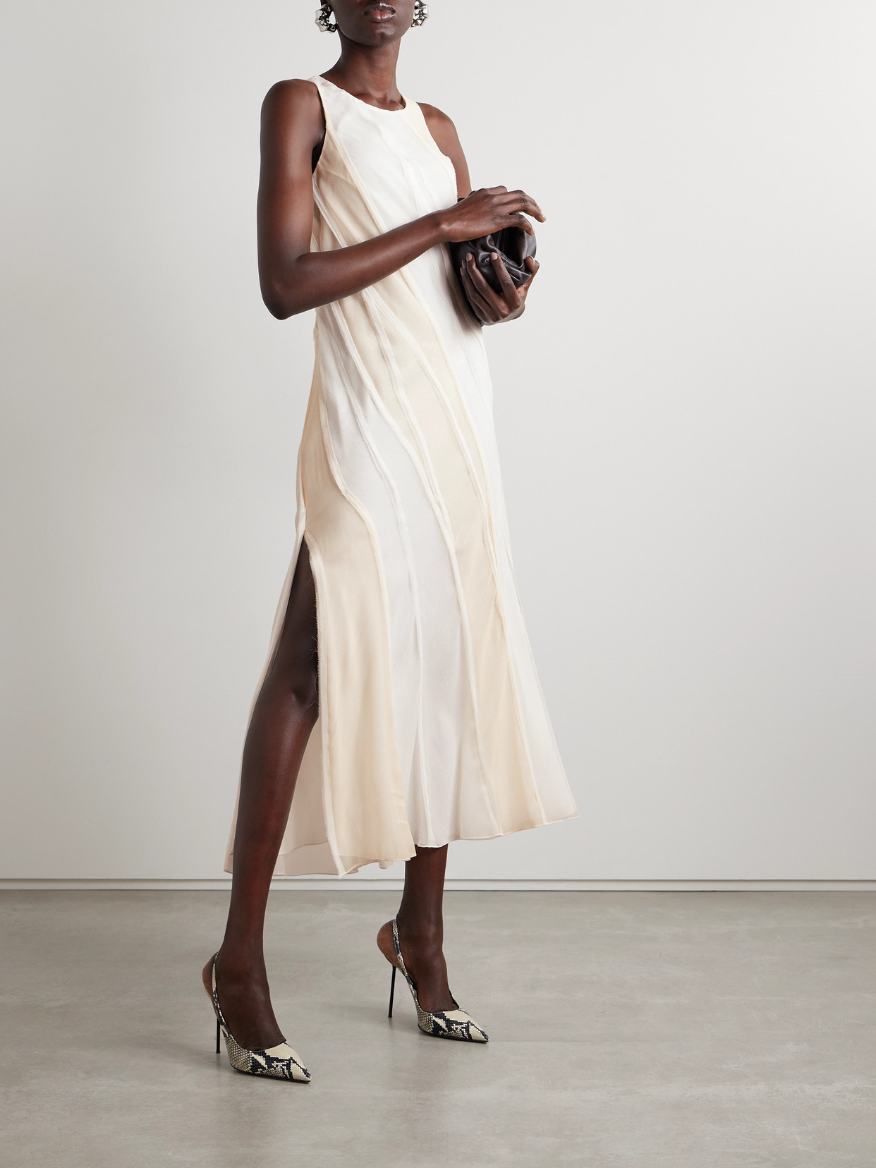 Jason Wu Collection Paneled Silk-crepe And Chiffon Midi Dress In Off-white