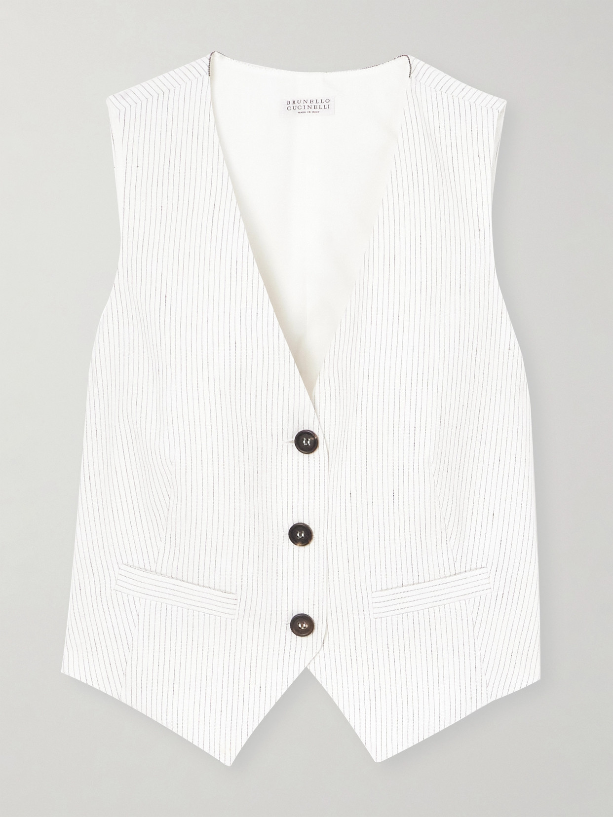 Brunello Cucinelli Pinstriped Linen-blend Waistcoat In White