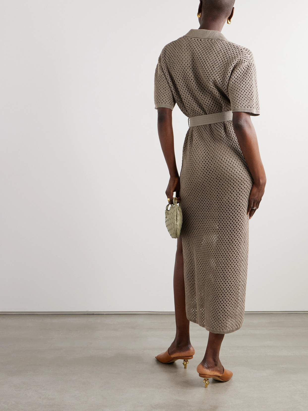 Shop Brunello Cucinelli Belted Open-knit Cotton Midi Dress In Neutrals