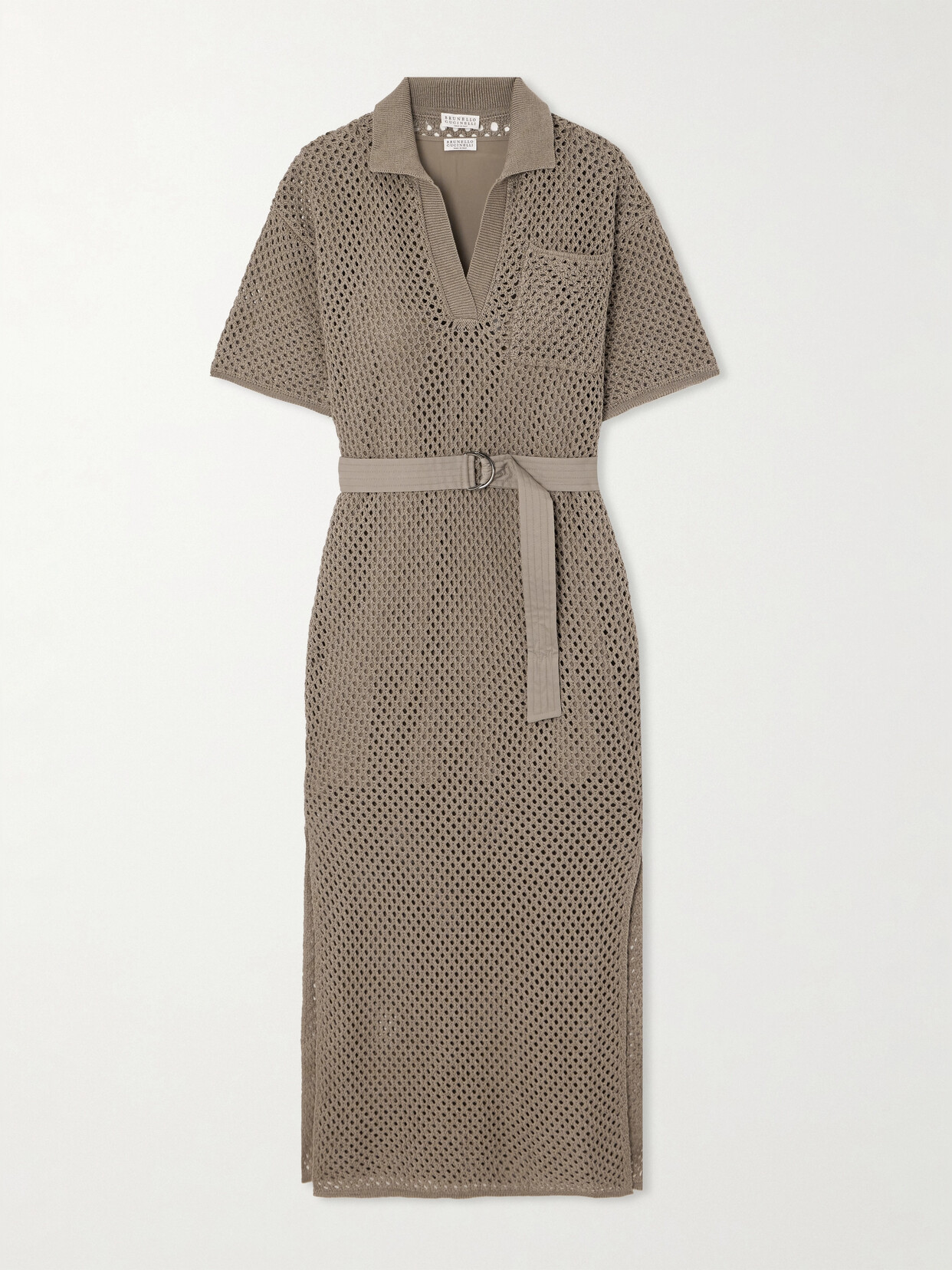 Brunello Cucinelli Belted Open-knit Cotton Midi Dress In Neutrals