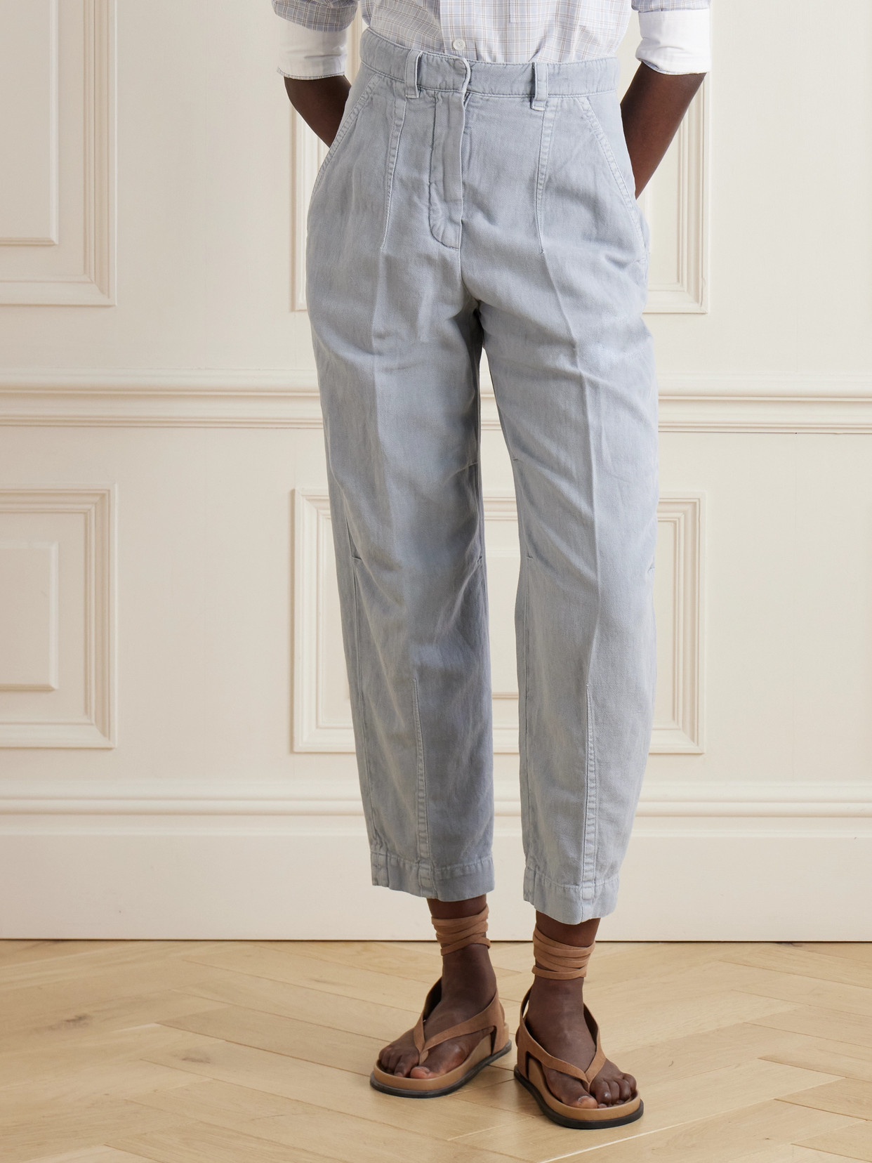 Shop Brunello Cucinelli Cotton And Linen-blend Twill Tapered Pants In Blue