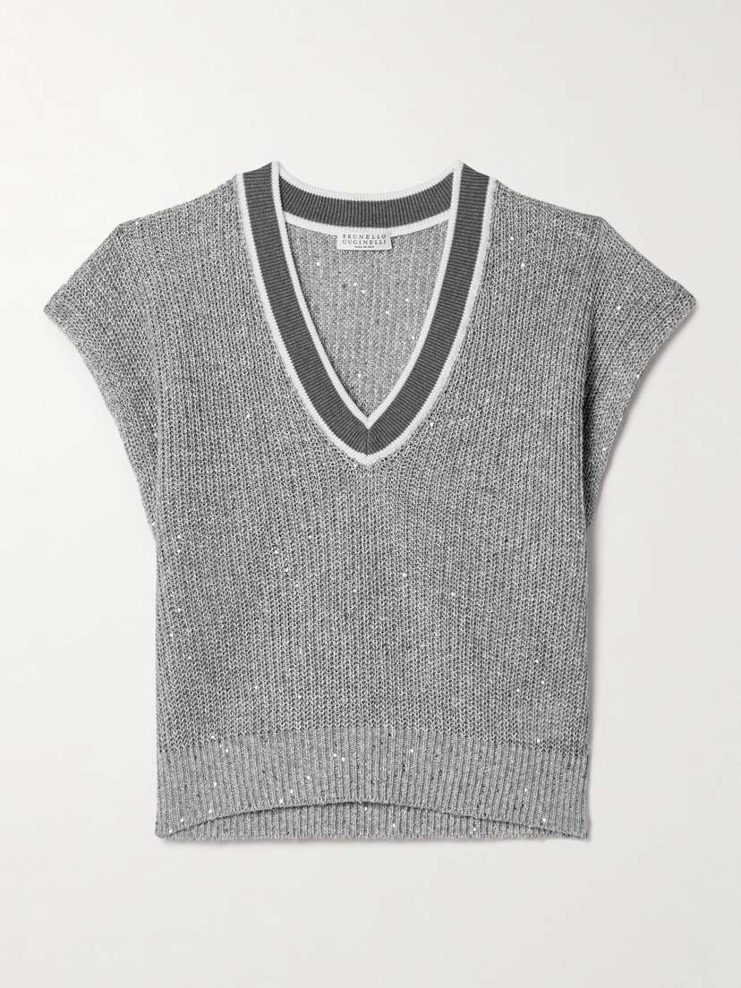 Brunello Cucinelli Sequin-embellished Ribbed Linen-blend Vest - xx large