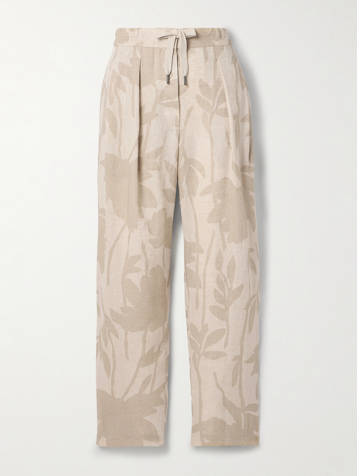 Brunello Cucinelli Pleated Floral-print Linen Tapered Trousers In Neutrals