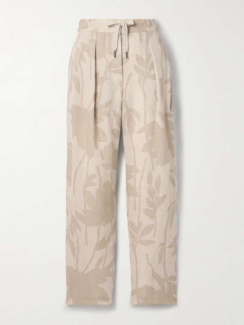 Brunello Cucinelli Pleated Floral-print Linen Tapered Pants