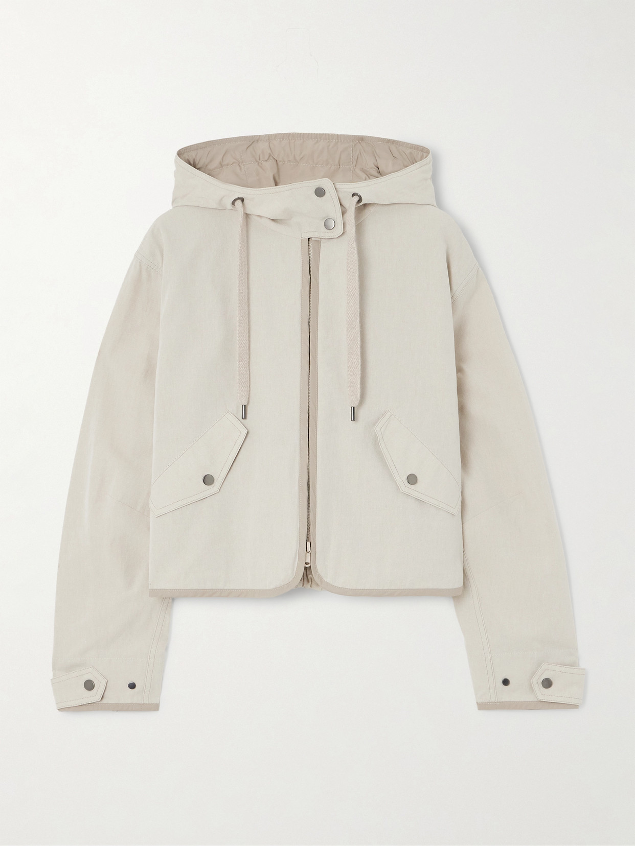 Shop Brunello Cucinelli Cropped Hooded Shell-trimmed Cotton-blend Jacket In Neutrals