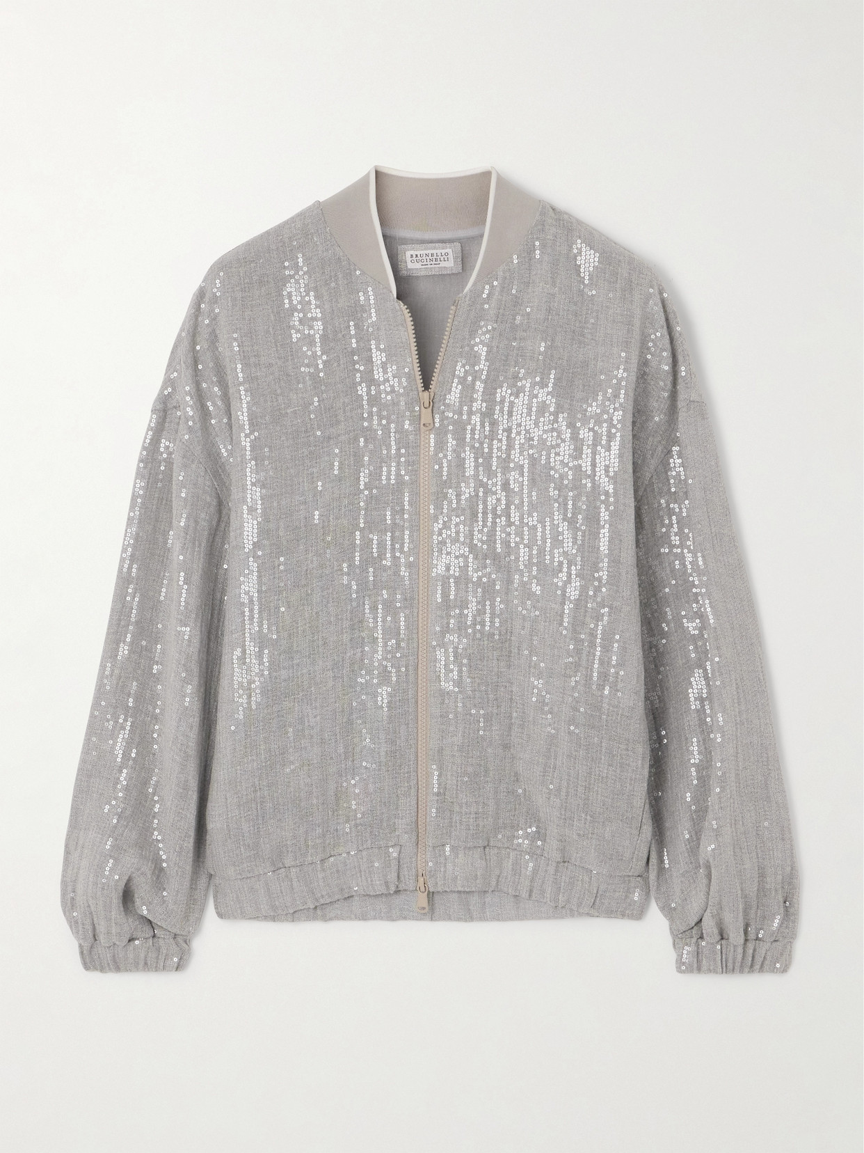 Brunello Cucinelli Sequined Linen-blend Bomber Jacket In Silver