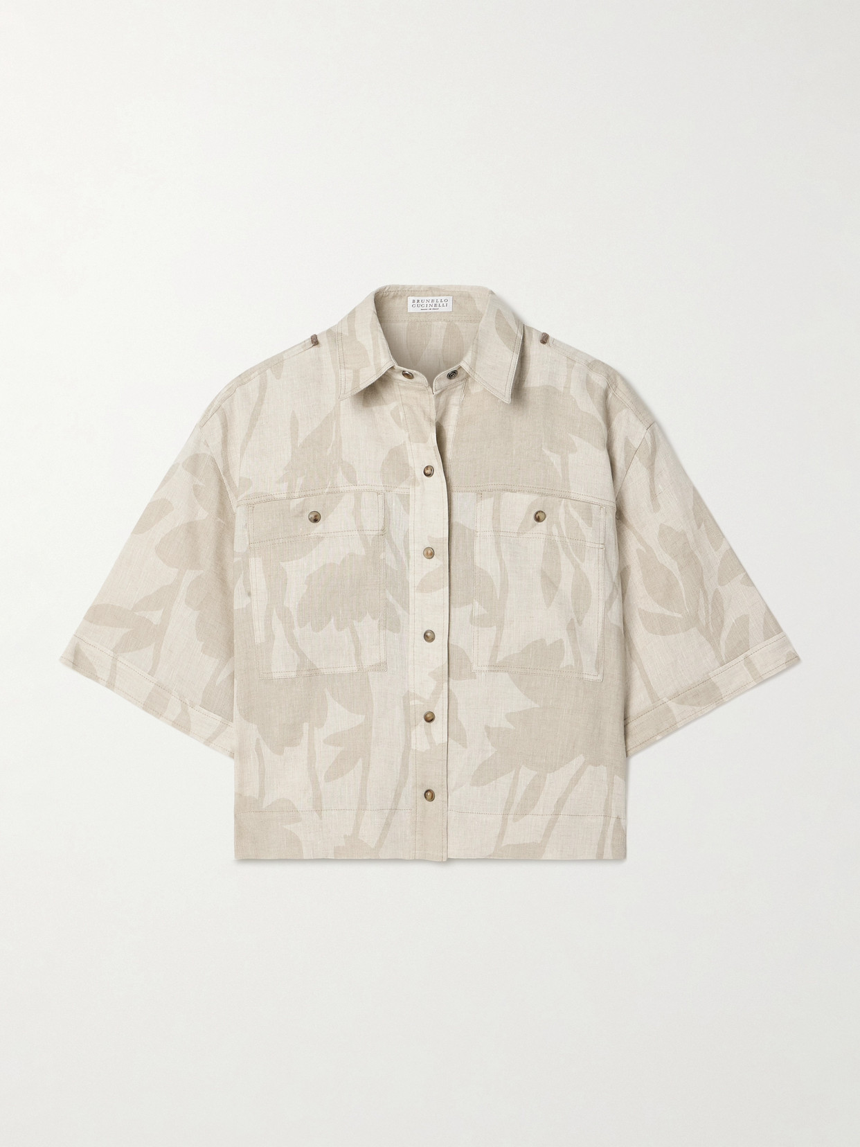 Shop Brunello Cucinelli Floral-print Linen Shirt In Neutrals