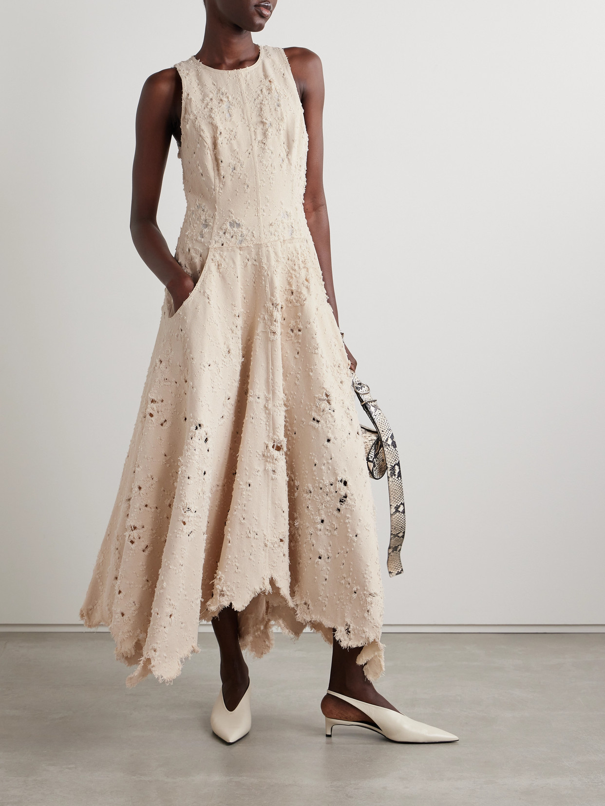 Shop Jason Wu Collection Distressed Frayed Twill Midi Dress In Cream