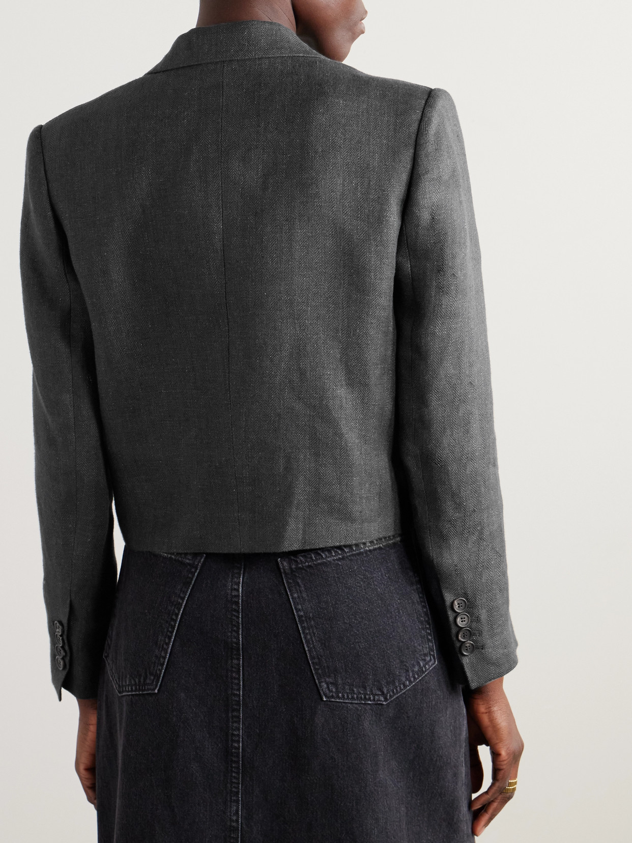 Brunello Cucinelli Cropped Herringbone Linen Blazer In Black