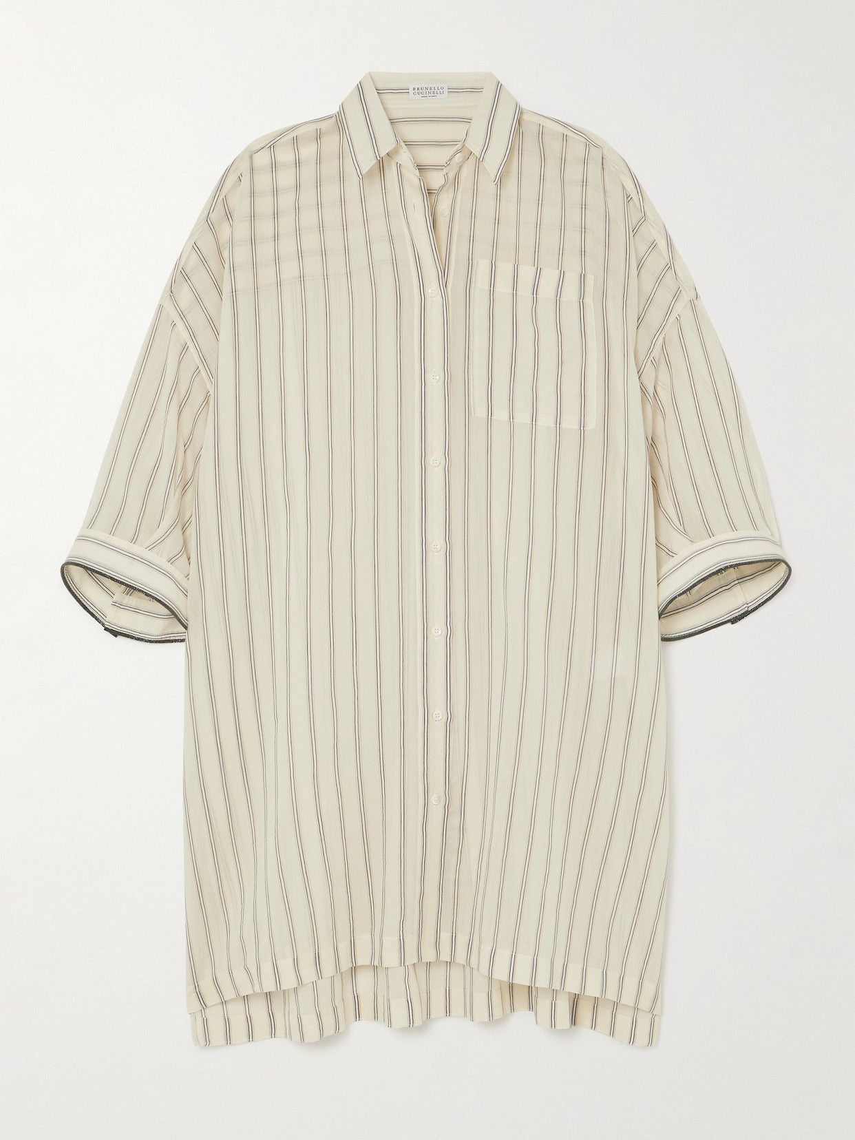 Brunello Cucinelli Bead-embellished Striped Cotton And Silk-blend Voile Shirt In White