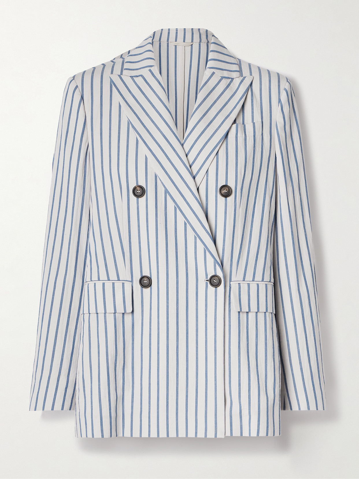 Brunello Cucinelli Double-breasted Striped Cotton And Linen-blend Blazer In Blue