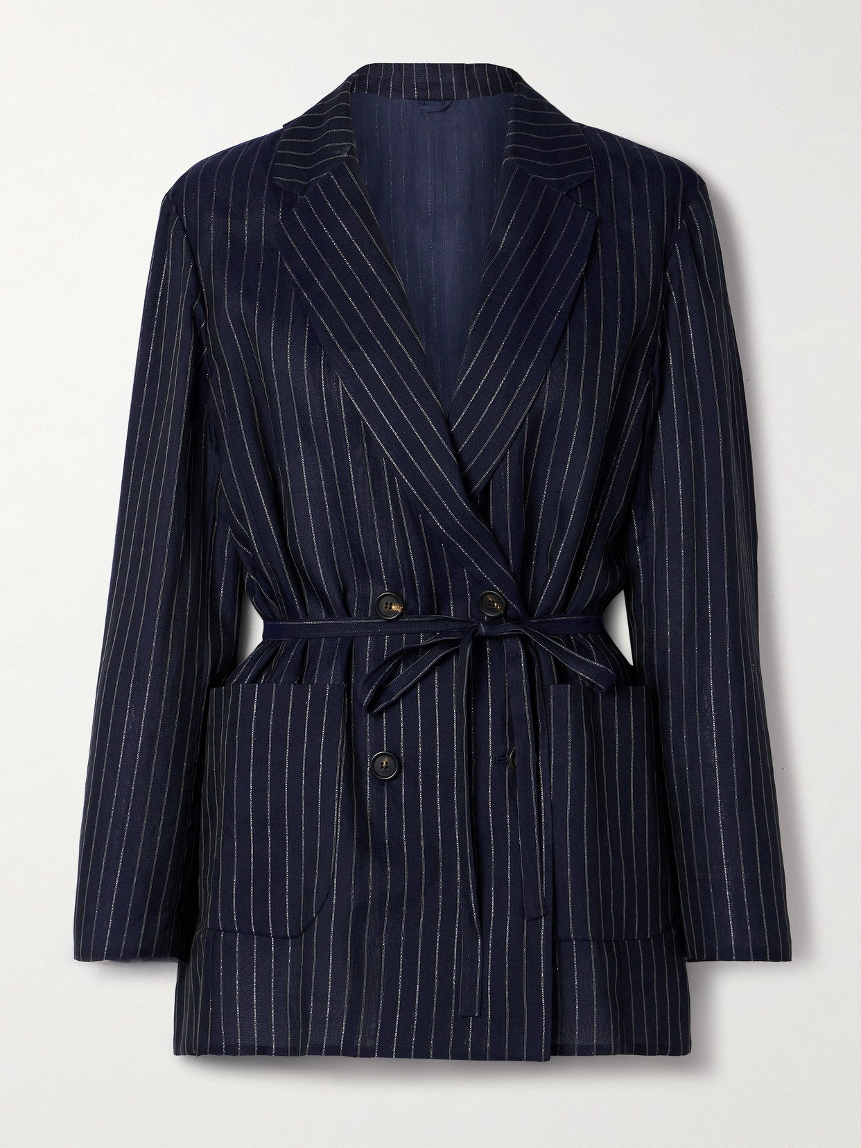 Brunello Cucinelli Double-breasted Belted Metallic Pinstriped Cotton-blend Blazer In Blue