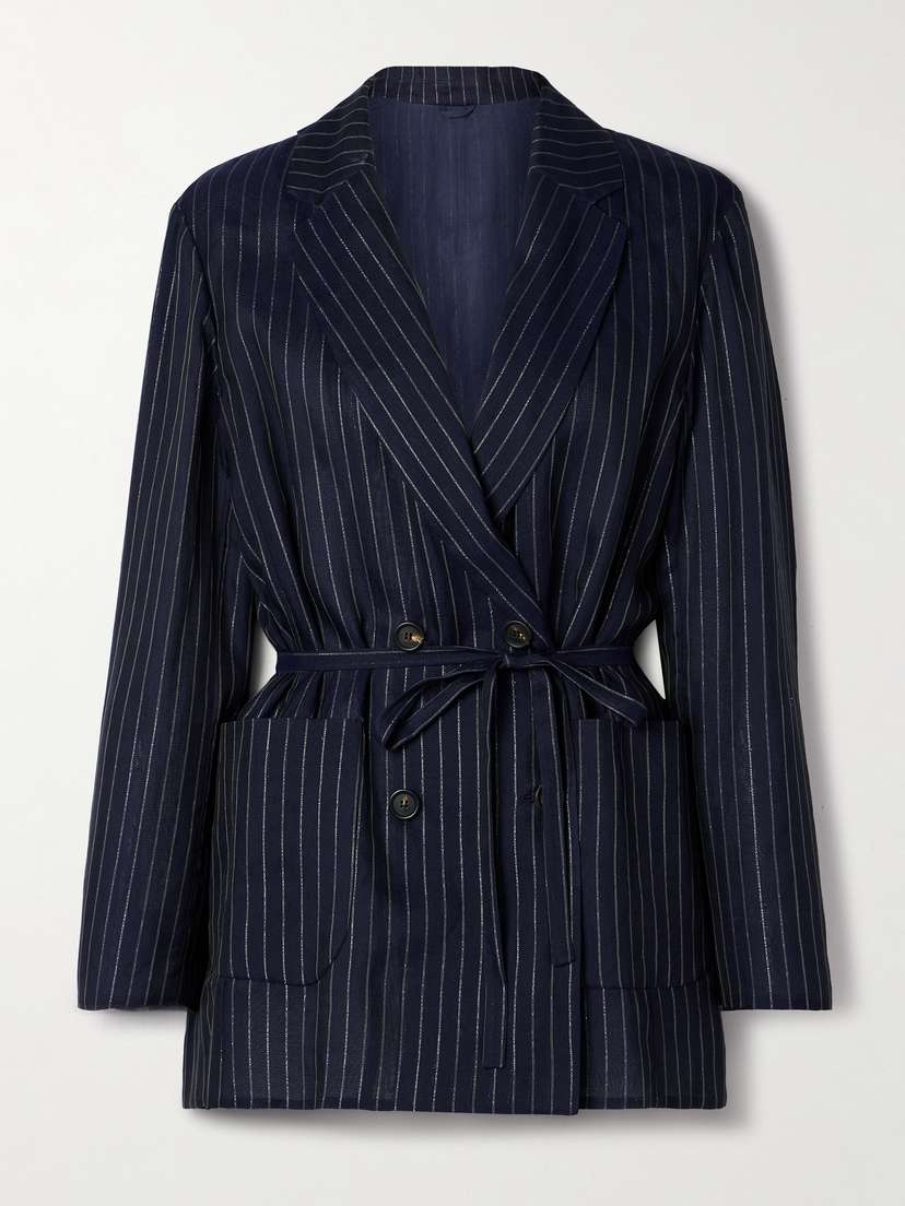 Brunello Cucinelli — Double-breasted belted metallic pinstriped cotton-blend blazer