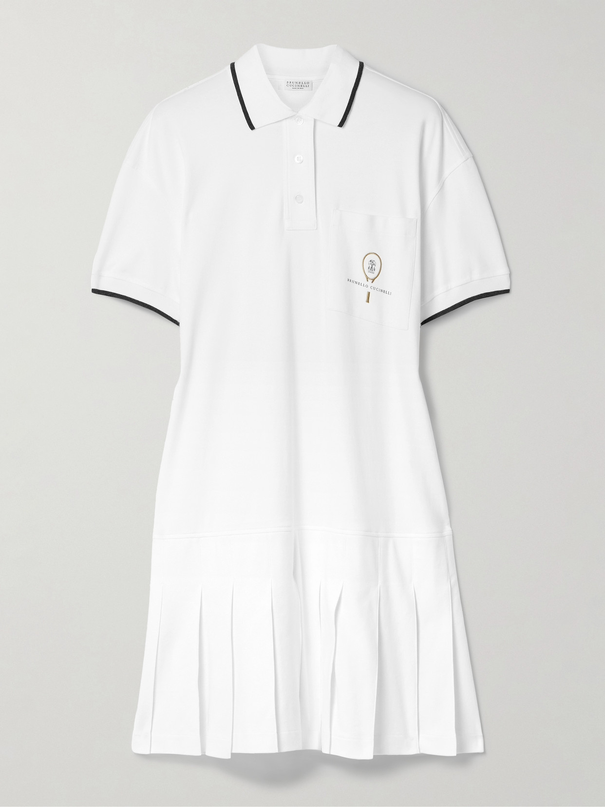 Shop Brunello Cucinelli Tennis Pleated Embroidered Cotton-jersey Mini Dress In White