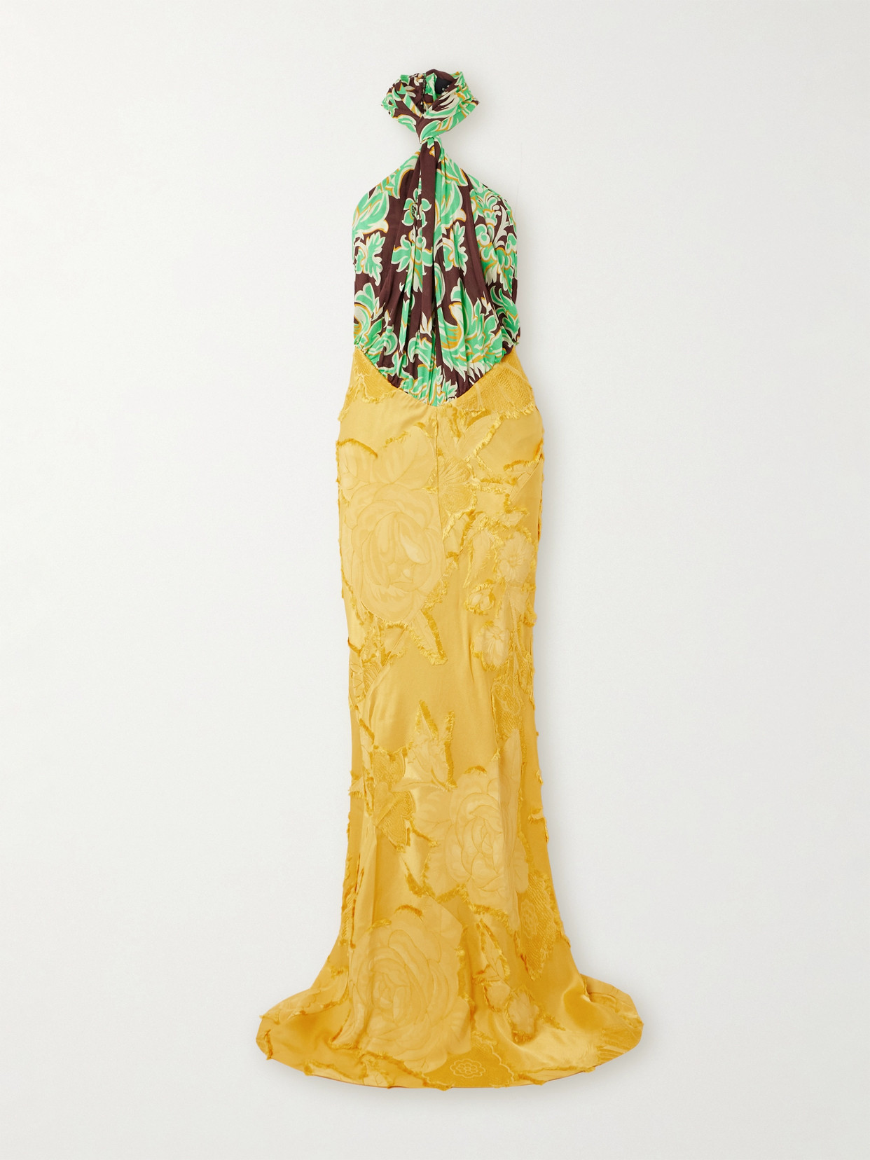 Shop Etro Braided Printed Crepe And Fil-coupé Satin-jacquard Halterneck Gown In Yellow