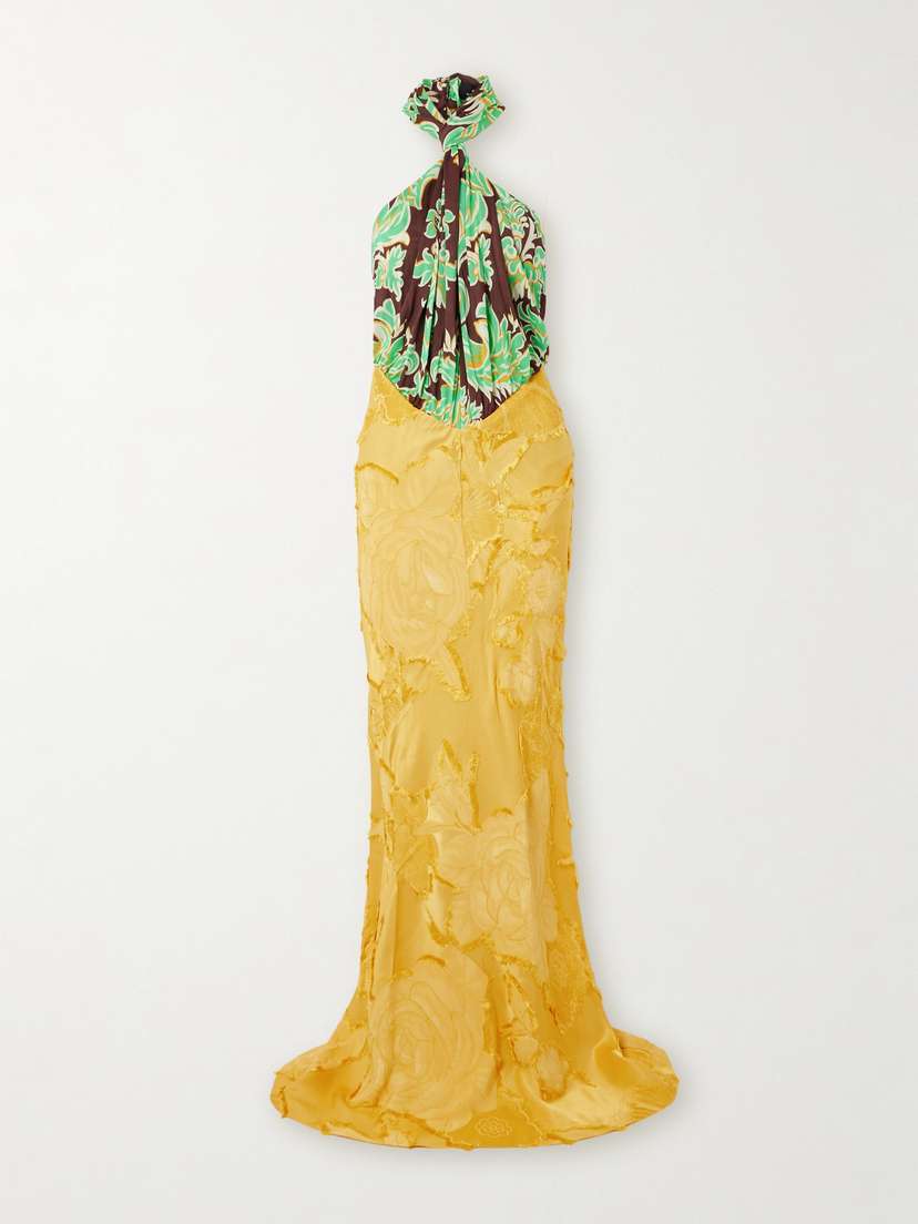 Etro Braided Printed Crepe And Fil-coupé Satin-jacquard Halterneck Gown