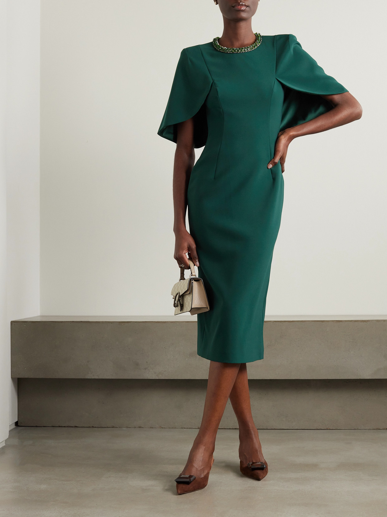 Shop Jenny Packham Flirtini Cape-effect Crystal-embellished Crepe Midi Dress In Green