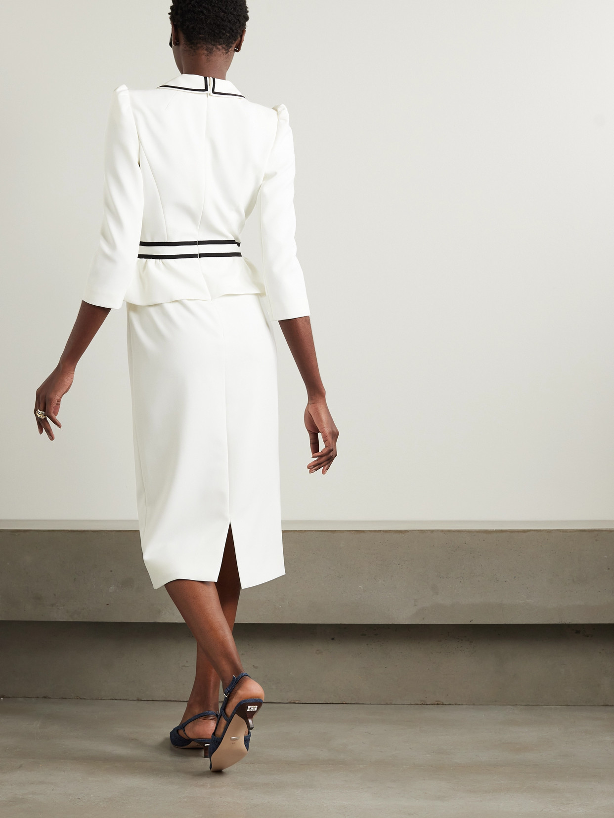 Jenny Packham Honeybee Grosgrain-trimmed Crystal-embellished Crepe Peplum Midi Dress In Off-white