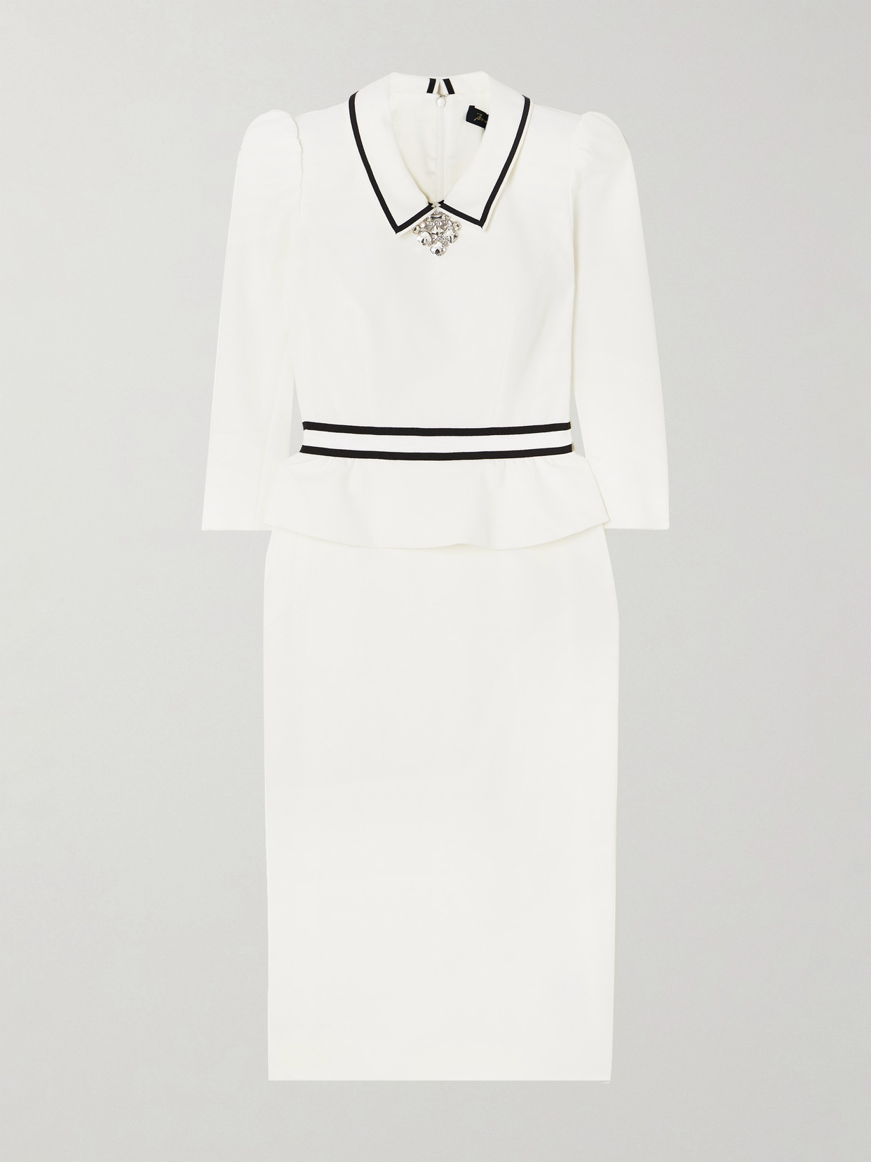 Jenny Packham Honeybee Grosgrain-trimmed Crystal-embellished Crepe Peplum Midi Dress In Off-white