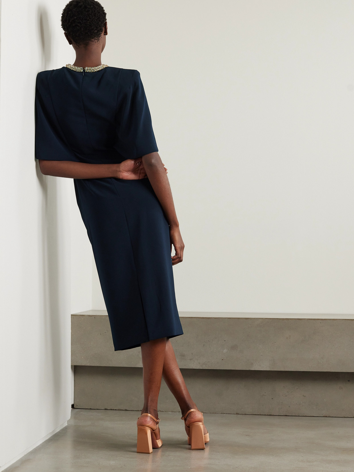 Jenny Packham Flirtini Cape-effect Crystal-embellished Crepe Midi Dress In Blue