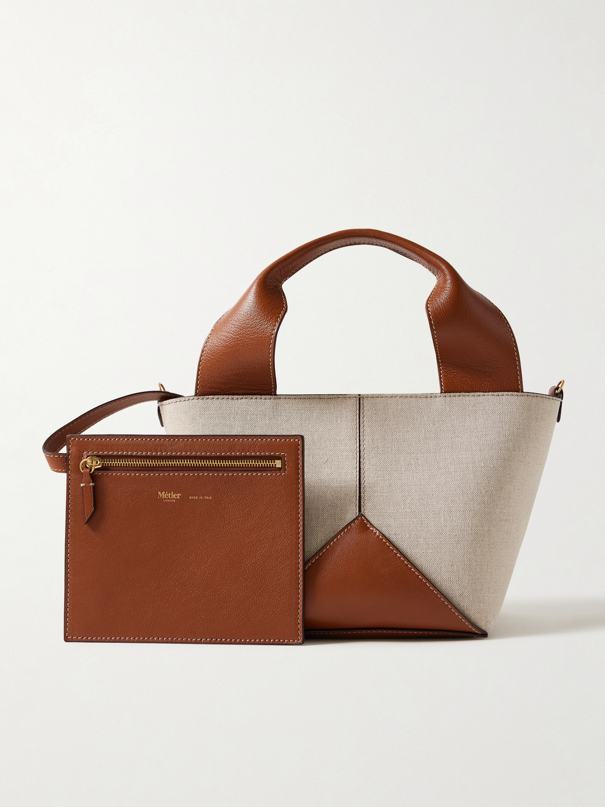 Shop Metier Market Mini Leather-trimmed Linen Tote In Off-white