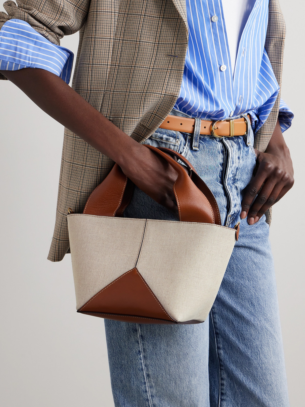 Metier Market Mini Leather-trimmed Linen Tote In Off-white