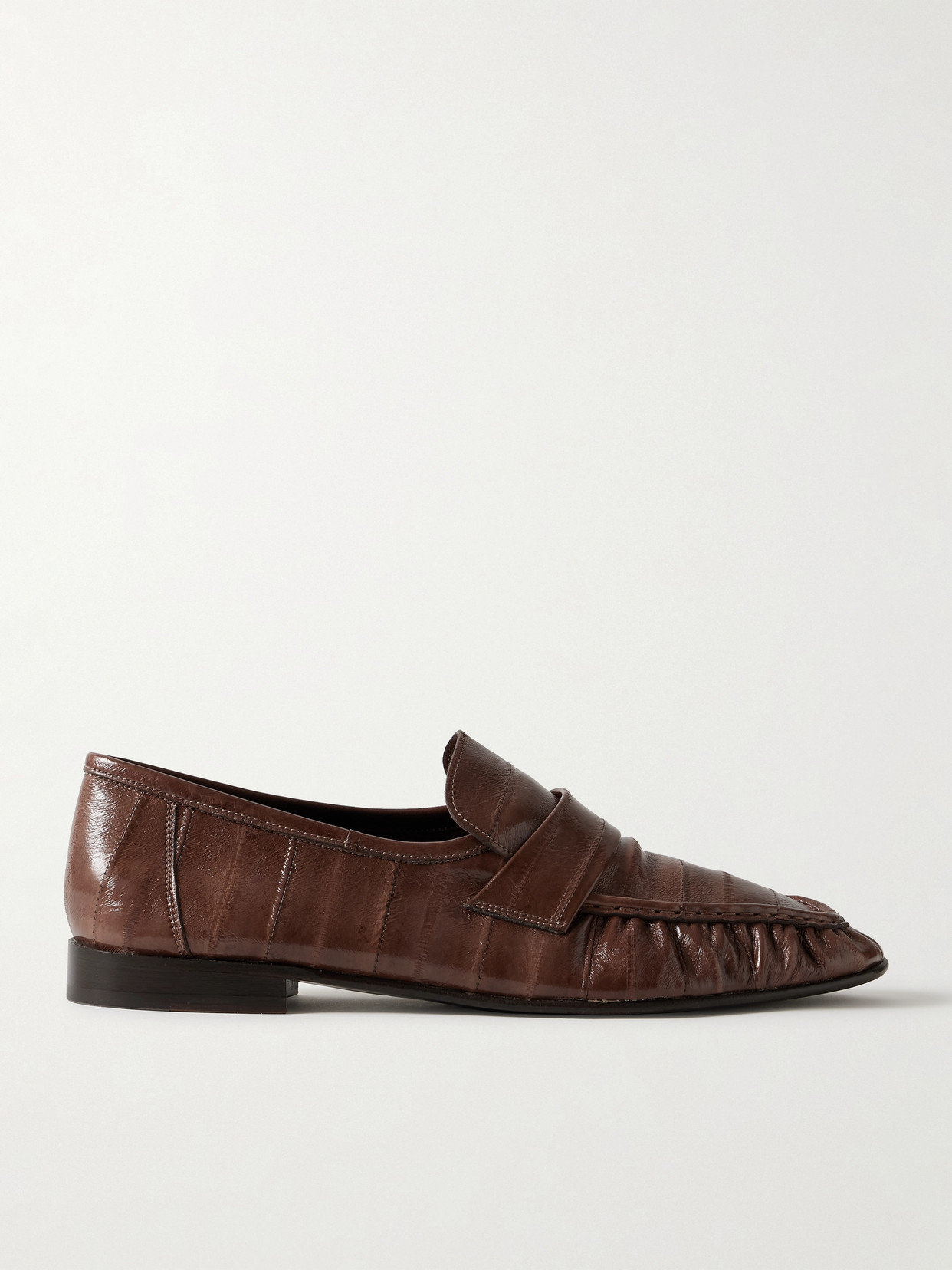 The Row Paneled Glossed-leather Loafers In Brown