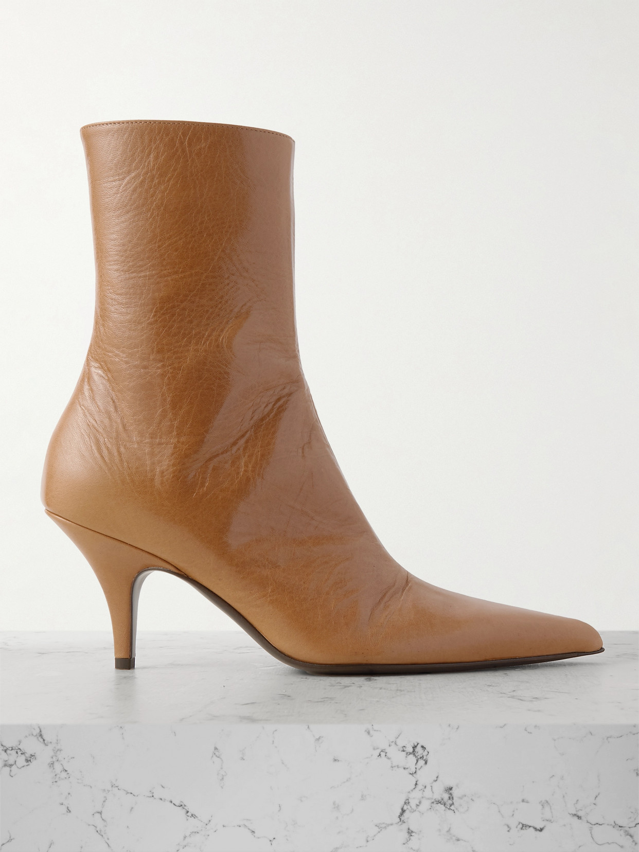 The Row Sling Glossed Textured-leather Ankle Boots In Brown