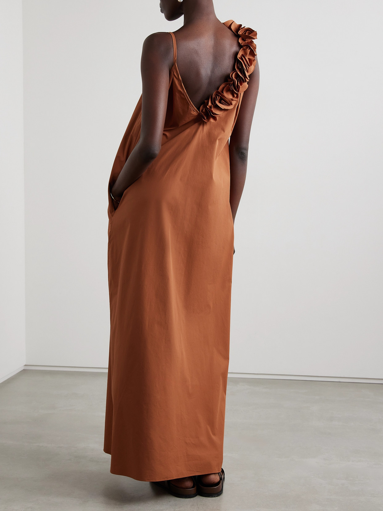 Kika Vargas + Net Sustain Linda Appliquéd Cotton-poplin Maxi Dress In Brown