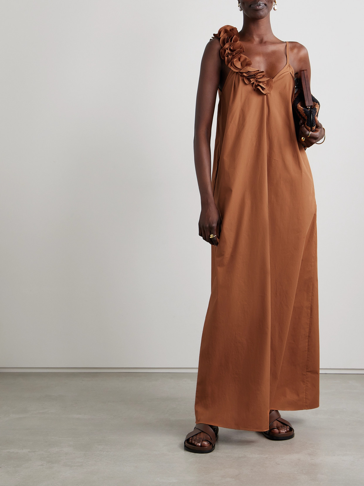 Kika Vargas + Net Sustain Linda Appliquéd Cotton-poplin Maxi Dress In Brown