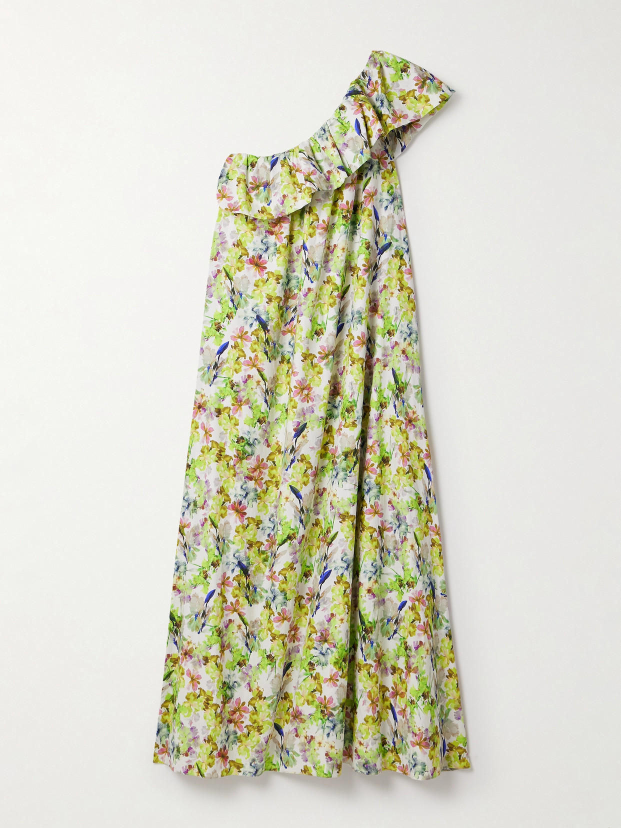 Kika Vargas + Net Sustain Bonnie One-shoulder Ruffled Floral-print Cotton-poplin Maxi Dress In Green