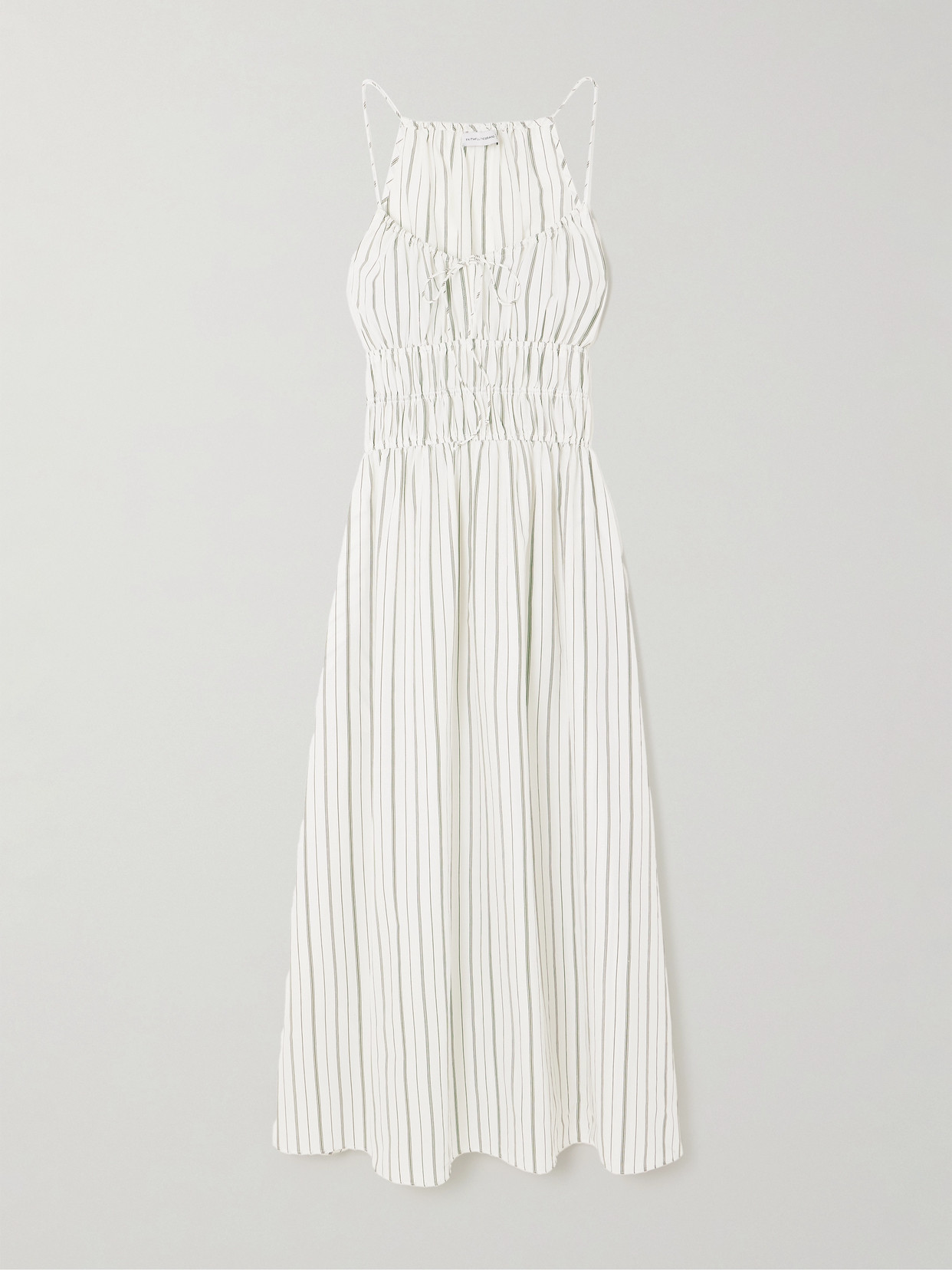 Faithfull The Brand + Net Sustain Carinna Shirred Striped Silk And Cotton-blend Poplin Midi Dress In Off-white