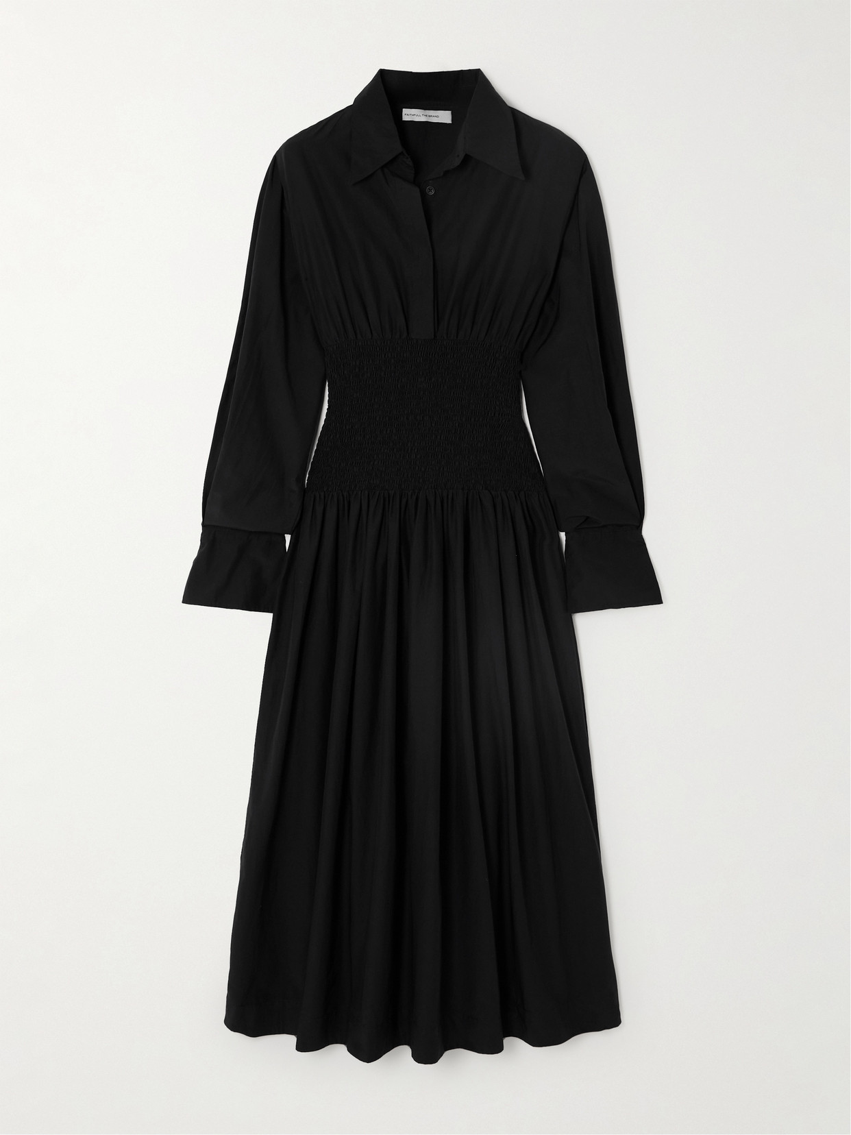 Faithfull The Brand + Net Sustain Cervo Shirred Silk And Cotton-blend Midi Shirt Dress In Black