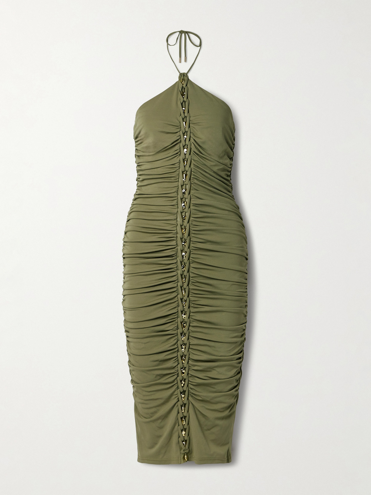 Cult Gaia Calian Embellished Ruched Jersey Halterneck Midi Dress In Green