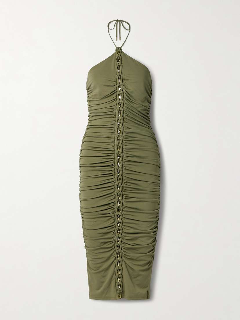 Cult Gaia Calian Embellished Ruched Jersey Halterneck Midi Dress