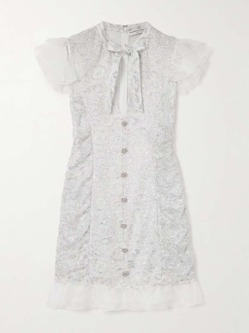 Alessandra Rich Pussy-bow Ruffled Silk-organza Trimmed Metallic Lace Mini Dress
