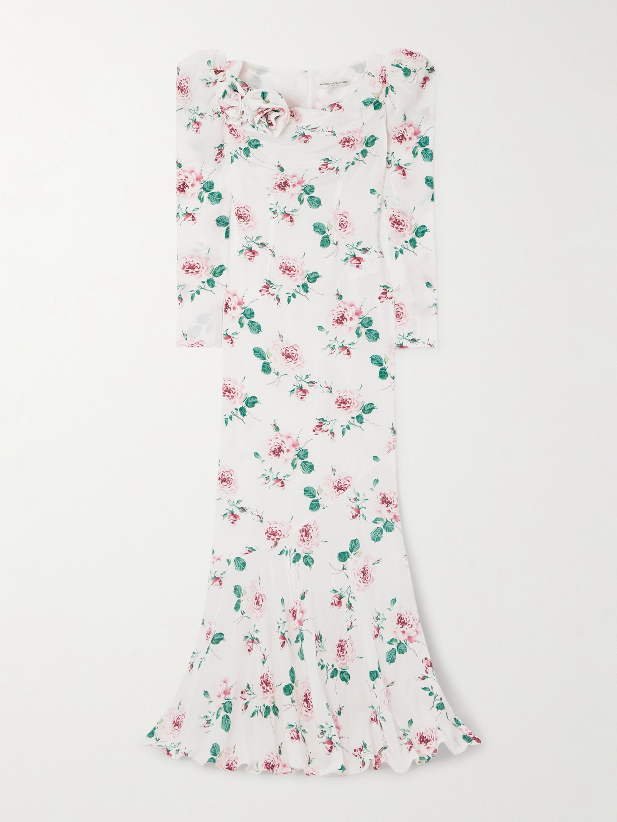 Alessandra Rich Ruffled Floral-print Silk-crepe De Chine Gown In White