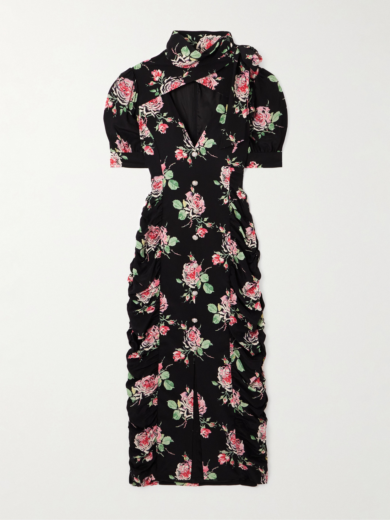 Shop Alessandra Rich Bow-detailed Embellished Draped Floral-print Silk Midi Dress In Black