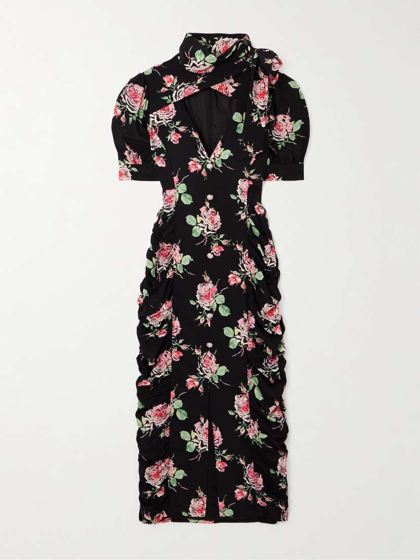 Alessandra Rich Bow-detailed Embellished Draped Floral-print Silk Midi Dress