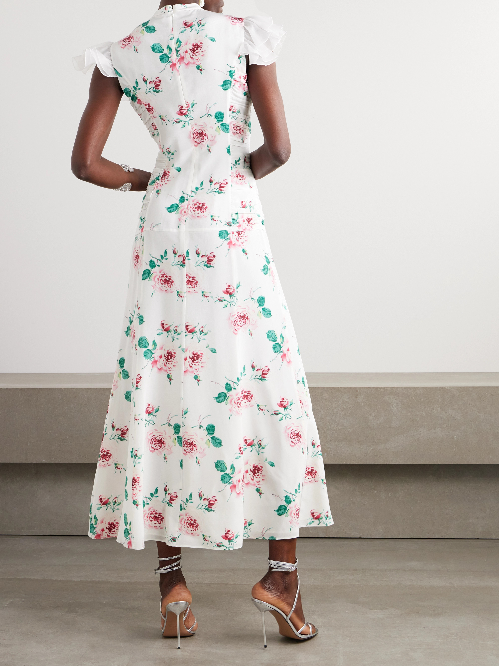 Alessandra Rich Bow-detailed embellished organza-trimmed floral-print silk midi dress thumbnail