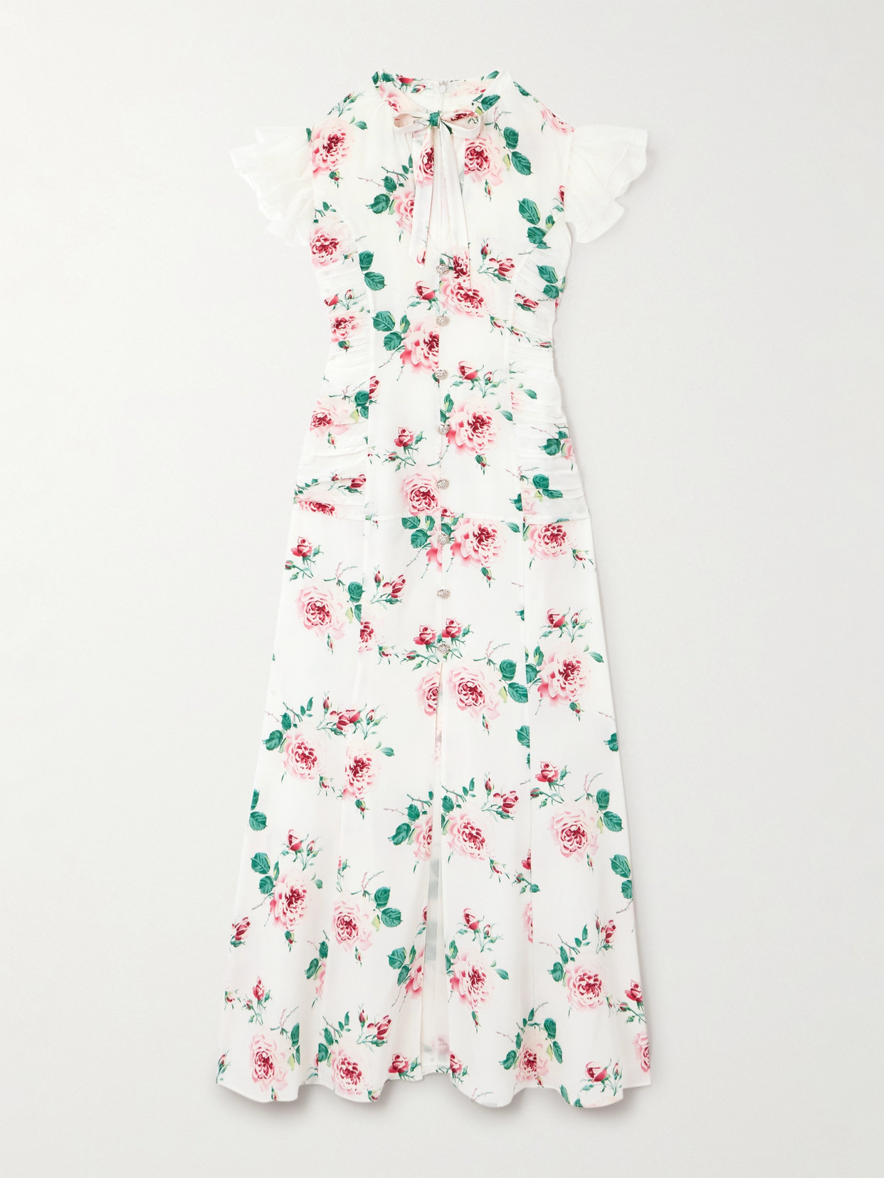 Alessandra Rich Bow-detailed Embellished Organza-trimmed Floral-print Silk Midi Dress In White