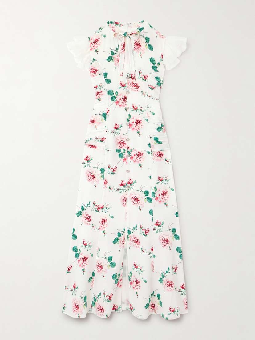 Alessandra Rich Bow-detailed Embellished Organza-trimmed Floral-print Silk Midi Dress
