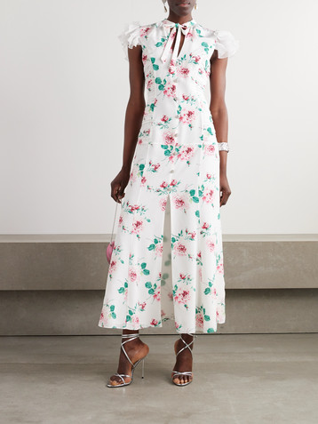 Alessandra Rich Bow-detailed embellished organza-trimmed floral-print silk midi dress