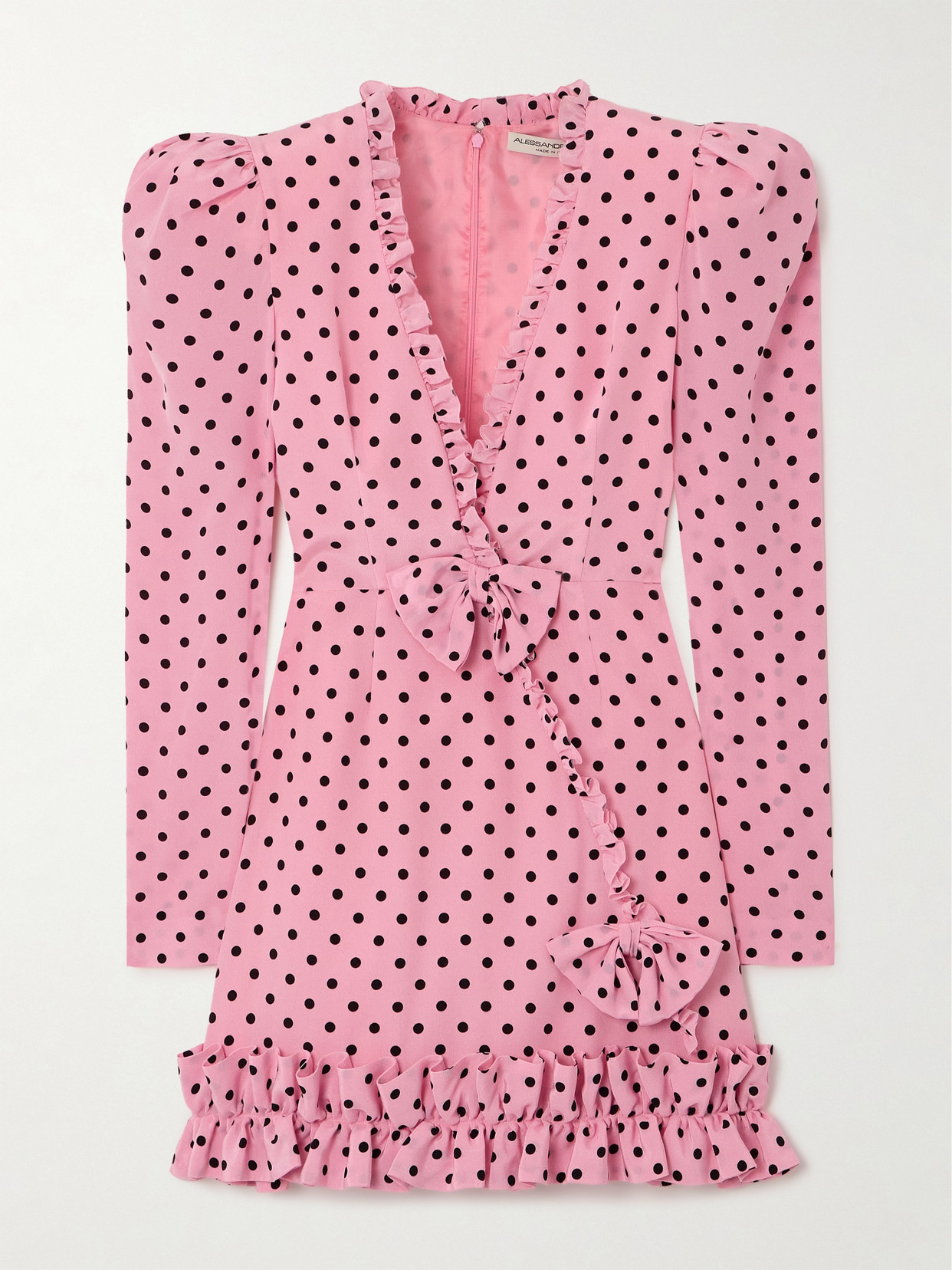 Alessandra Rich Bow-embellished Ruffled Polka-dot Silk-crepe Mini Dress In Pink